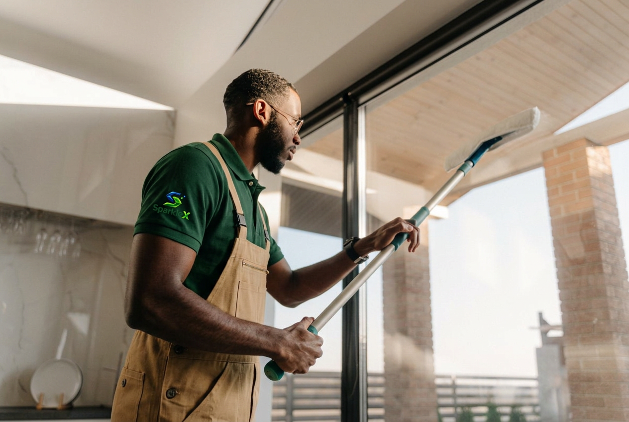 Black male cleaner in SparkleX workwear cleaning a window with a squeegee